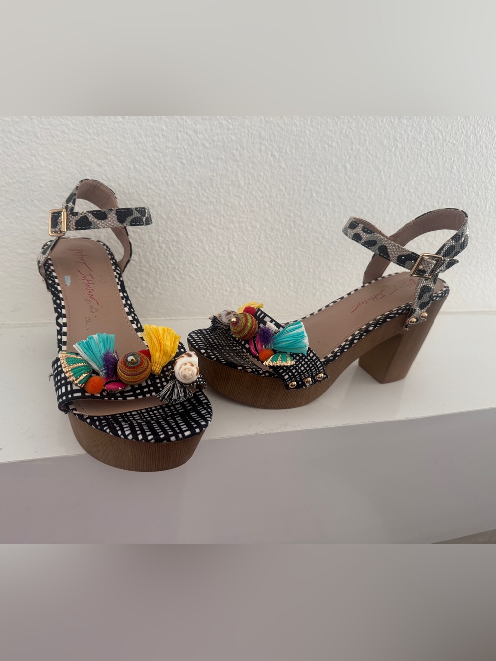 Betsy Johnson Black & White Patterned Platforms with Multicolor Tassel Accents